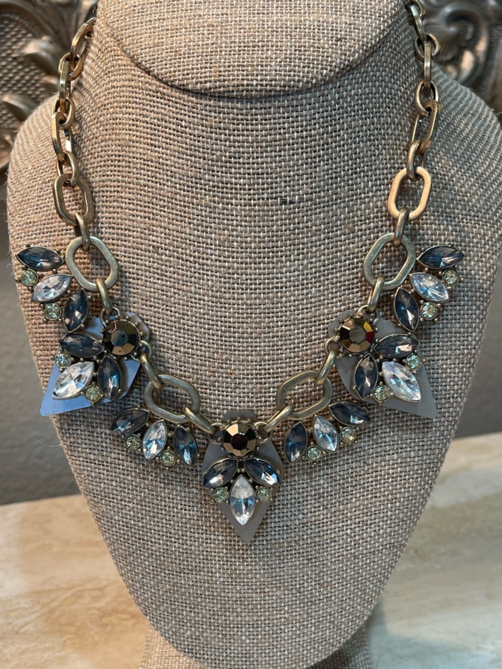Statement Crystal Bib Necklace - Gold with Gray and Clear Stones
